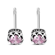Vintage Royal Crown Celtic Rose Pink CZ Sterling Silver Stud Earrings - e455